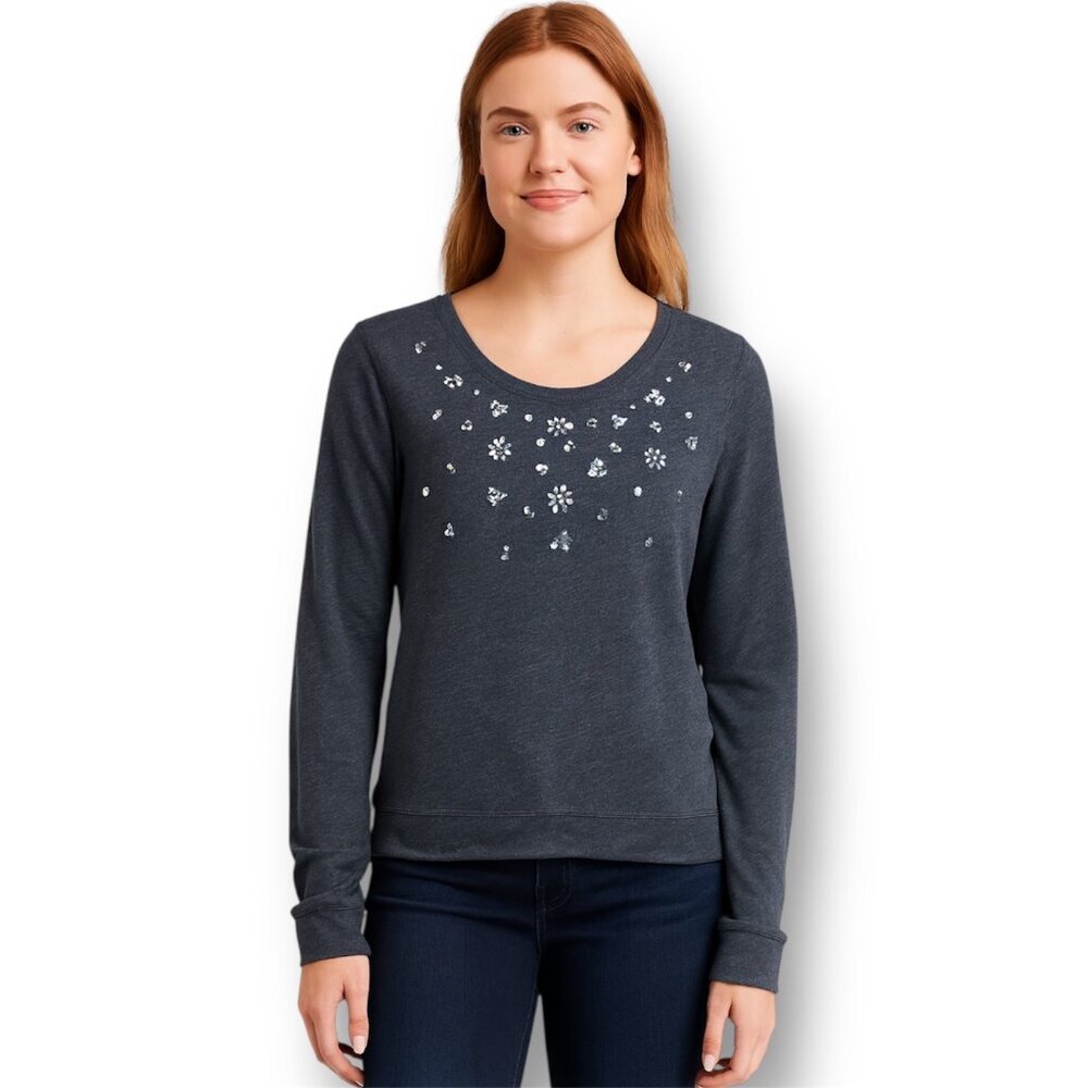 Hollister Heather Blue Gray Sequin Floral Pullover Sweatshirt Winter Preppy Sz S